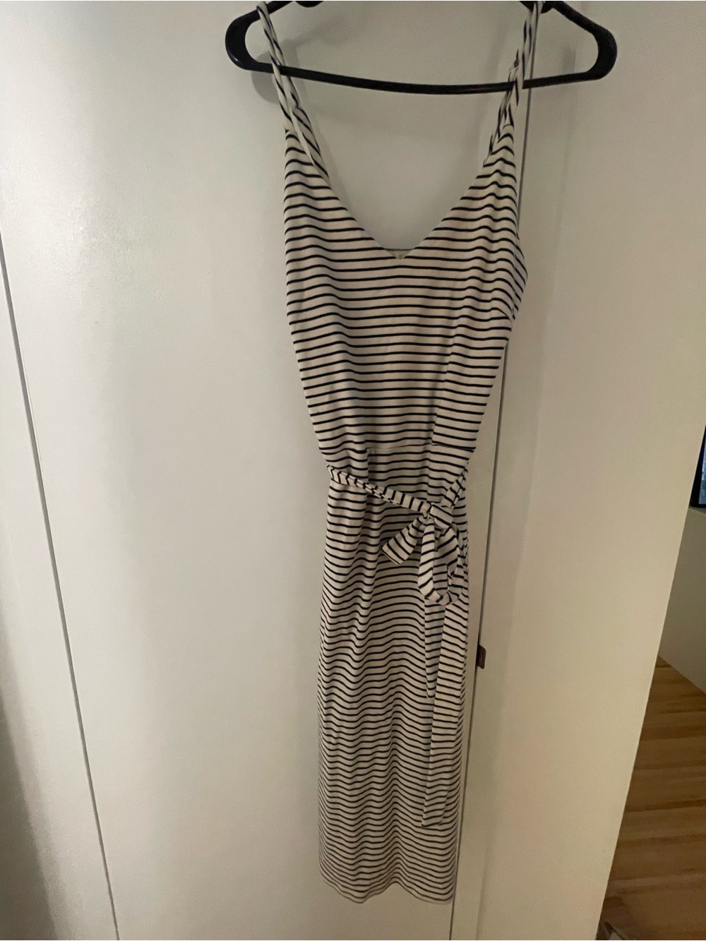 Monteau Black and White Striped Midi Tie-Waist Dress